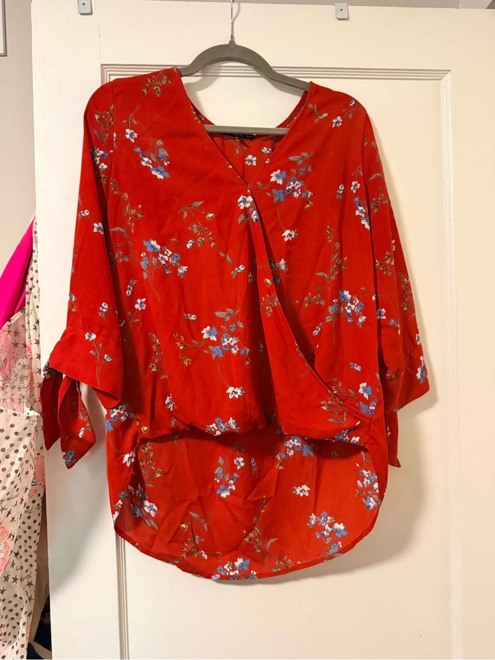 West Kei Red Floral Faux-Wrap Blouse